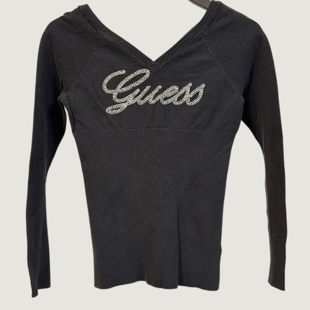 Guess Sweater L Rhinestone Logo Cotton Blend Fitted V-Neck Black Y2K Style